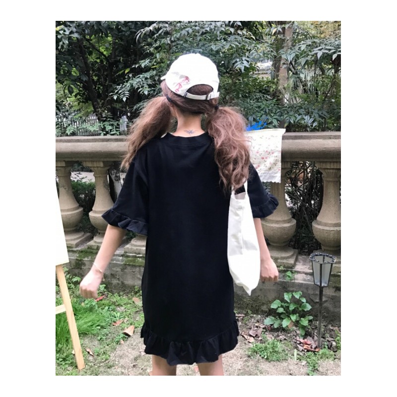 夏装女装韩版气质V领绑带中长款短袖荷叶边连衣裙学生长裙显瘦潮 黑色 均码