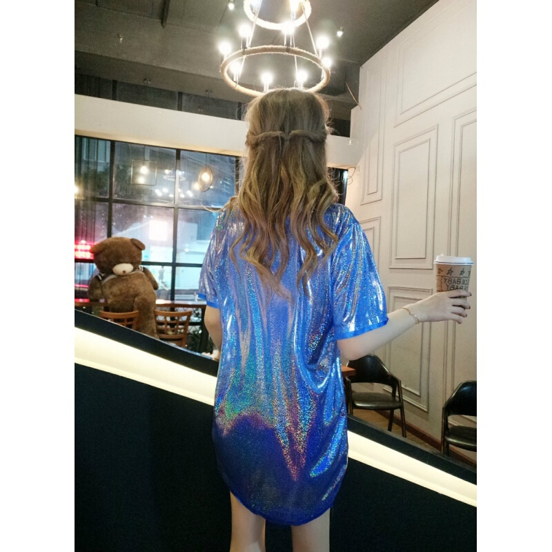 2018夏季新款韩版时尚百搭圆领短袖T恤女原宿宽松潮中长款上衣潮银白色均码