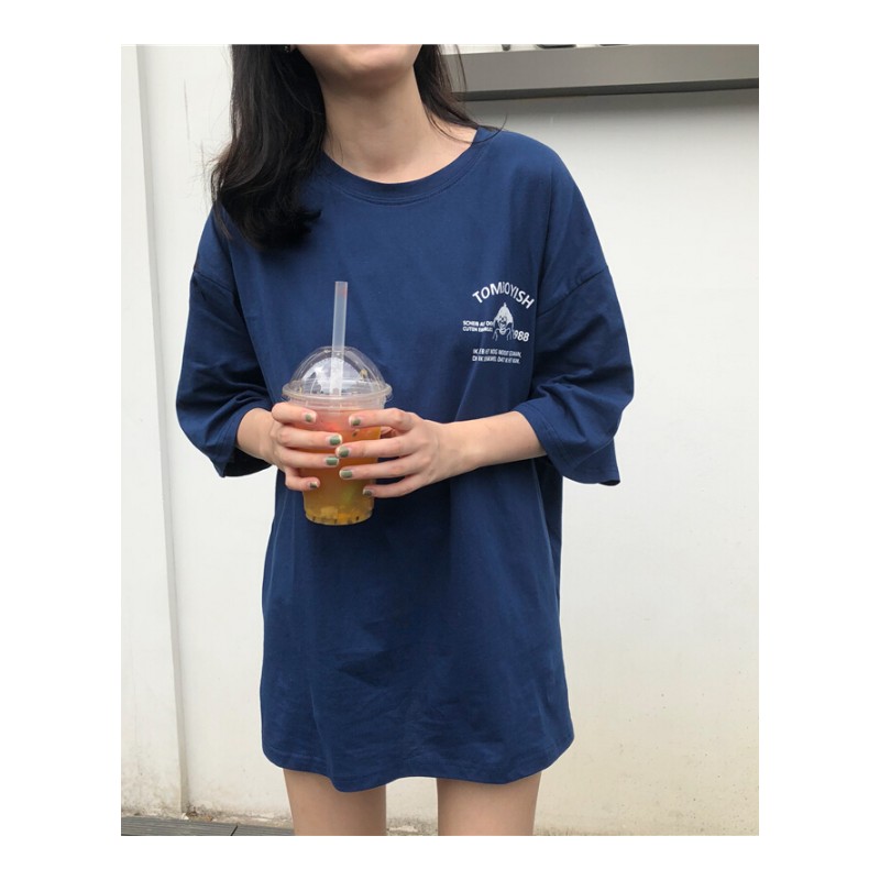 夏装女装韩版学院风卡通字母印花宽松短袖T恤中长款学生体恤上衣深蓝色均码