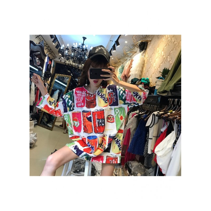 2018夏季新款圆领时尚百搭短袖中长款可乐印花气质简约女大版体恤 花色 均码