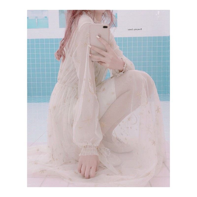 春夏女装韩版星空刺绣中长款气质网纱连衣裙仙女裙长裙+带上衣杏色均码