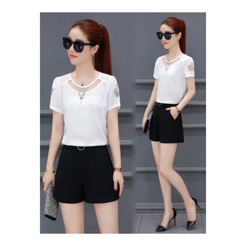 洋气上衣配短裤套装女气质2018新款矮个子时髦时尚显高雪纺两件套