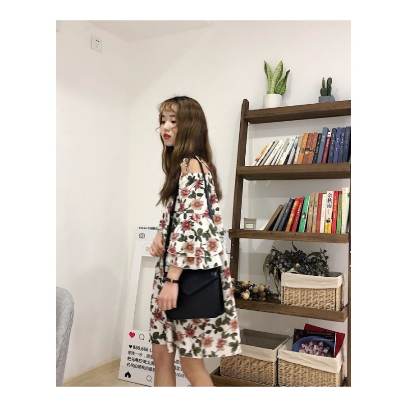 春夏女装韩版气质小清新碎花绑带带裙一字领露肩短袖连衣裙短裙白色均码