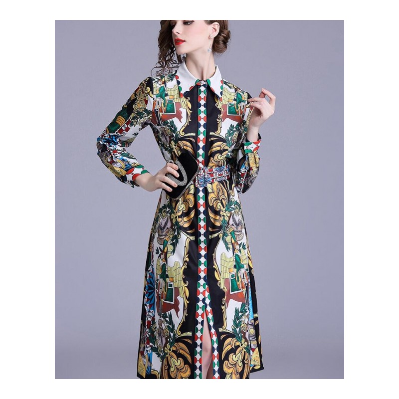 秋装新款欧美明星同款翻领长袖民族风复古印花中长款连衣裙C