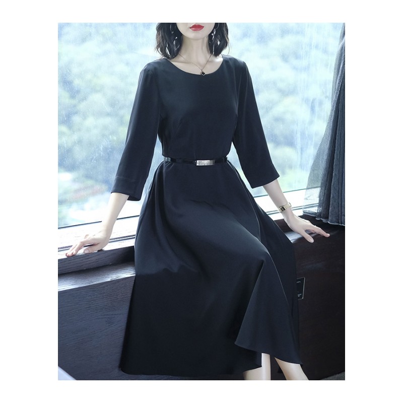 秋装连衣裙女2018新款时尚气质圆领七分袖修身显瘦中长款a字裙子