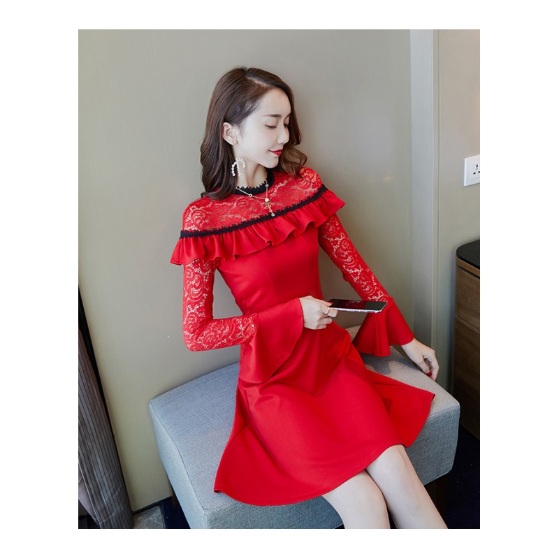 春装2018新款女装韩版五分袖修身显瘦心机裙子蕾丝拼接红色连衣裙