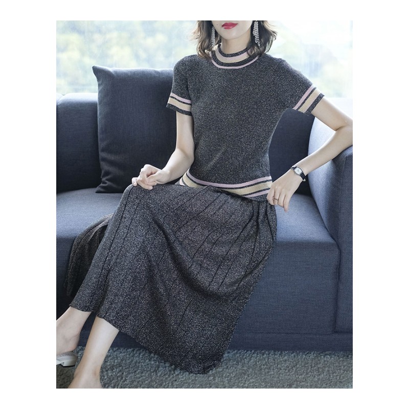 名媛时尚两件套装裙女2018秋季新款短袖气质显瘦针织连衣裙潮