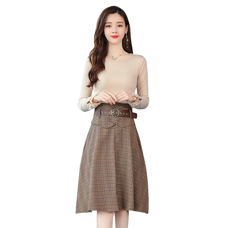 长袖针织连衣裙中长款2018秋季女装新款韩版显瘦小香风格子两件套