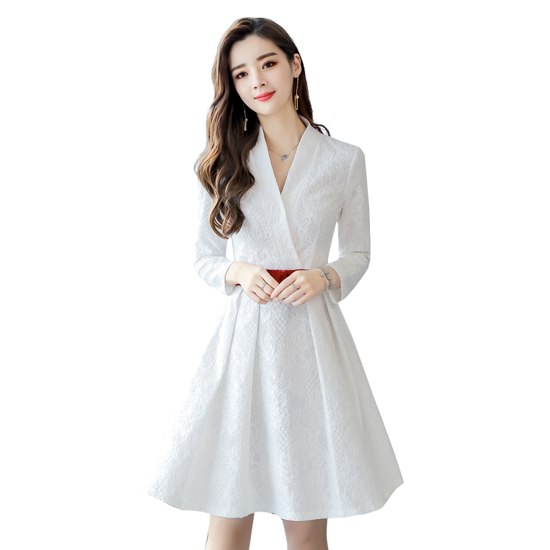 2018秋季女蕾丝复合加厚连衣裙V领长袖白色显瘦雷丝气质中长裙