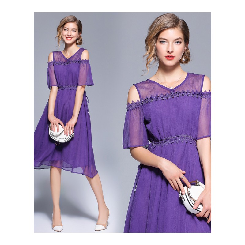 夏季气质中长款紫色V领露肩修身收腰荷叶边蕾丝拼接雪纺连衣裙女