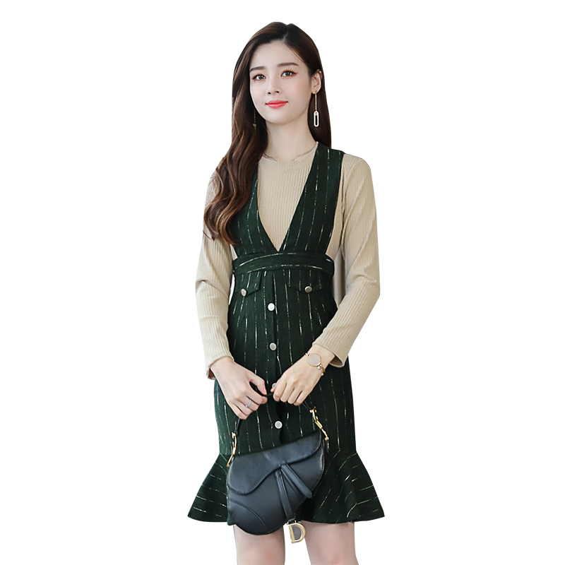 条纹背带连衣裙套装女2018新款显瘦针织长袖鱼尾包臀裙子两件套秋