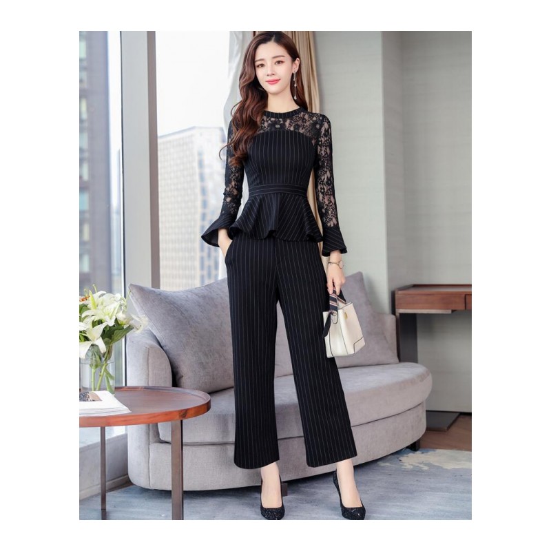秋季条纹套装女2018新款显瘦遮肉蕾丝长袖拼接女装春秋休闲两件套