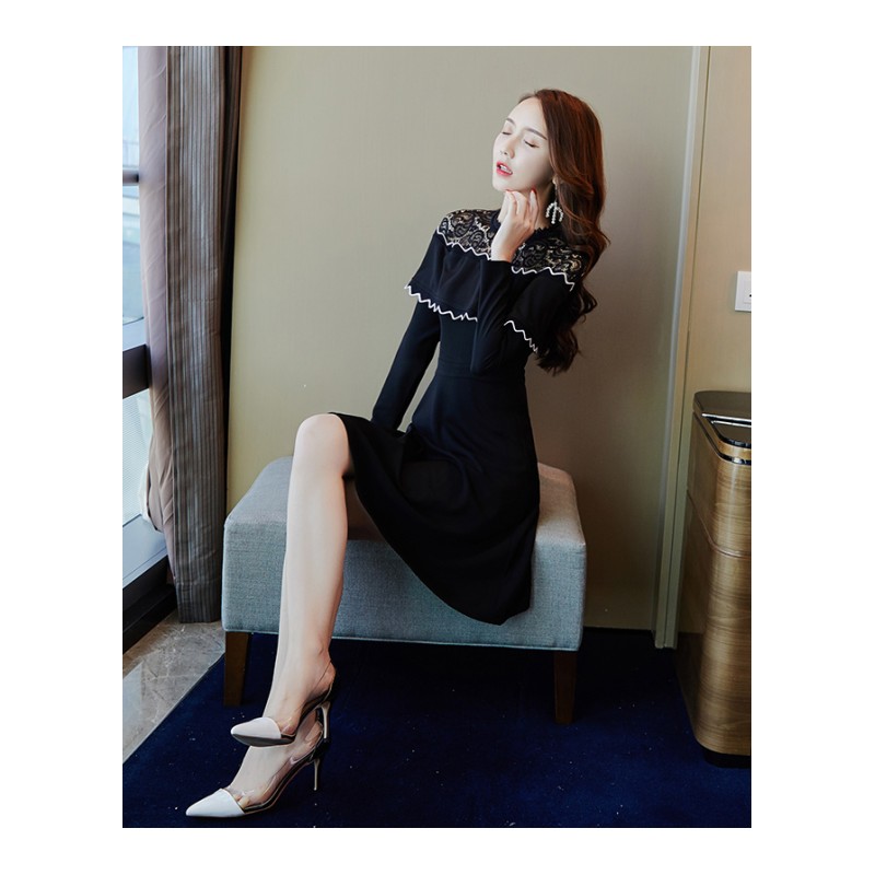 韩版女人味蕾丝拼接罗马锦棉波浪荷叶边一字肩长袖打底连衣裙秋冬