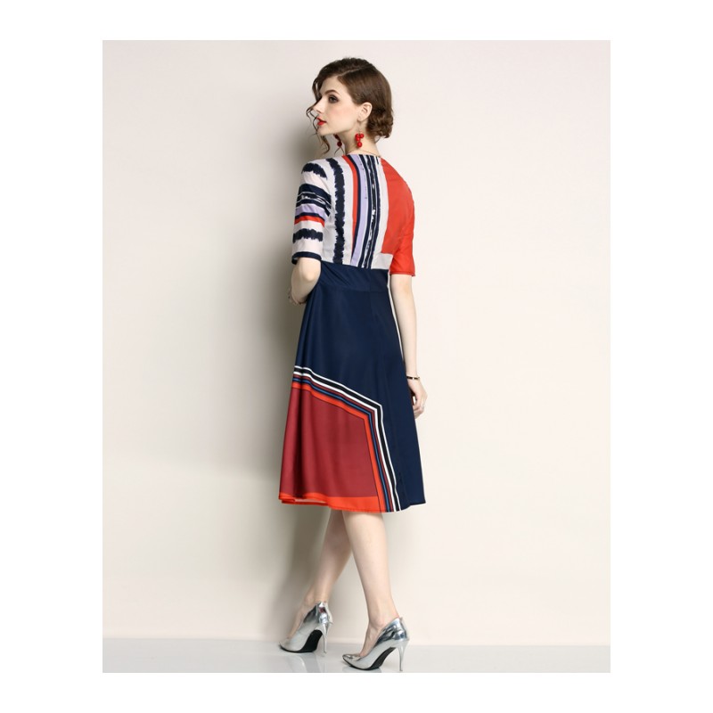 2018新款雪纺印花收腰显瘦小个子a字裙圆领中袖条纹连衣裙女夏