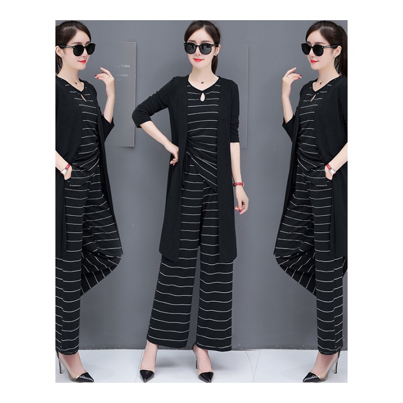 复古条纹阔腿裤套装女2018秋装新款韩版修身显瘦时髦气质三件套潮
