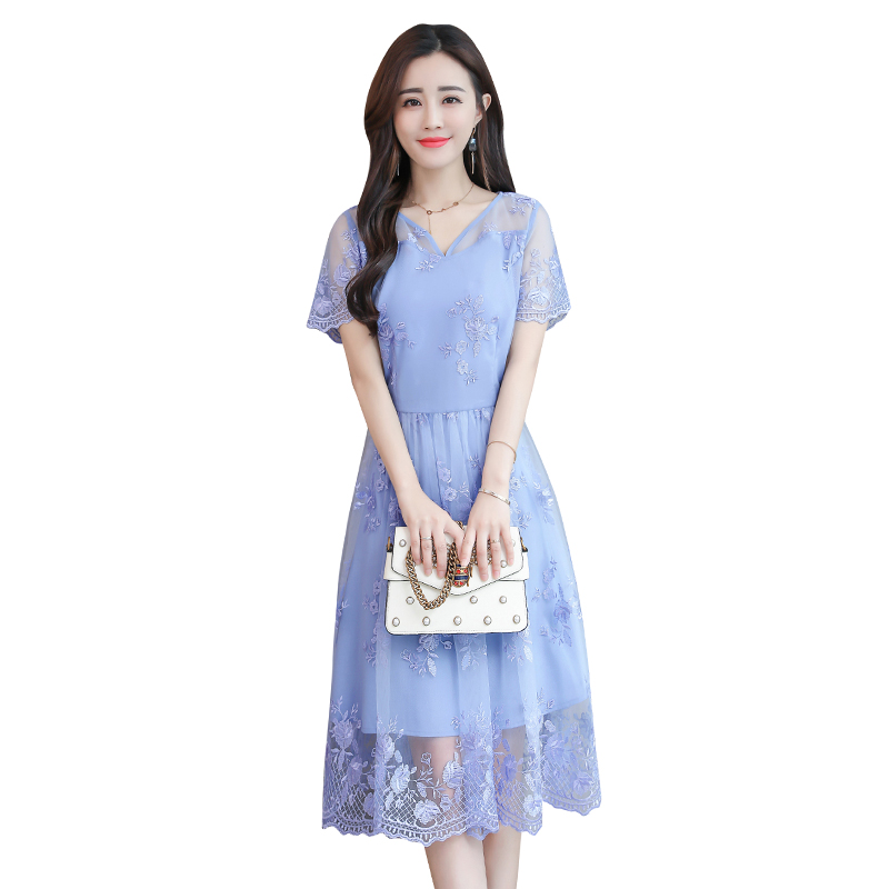 中长款修身显瘦A字裙时尚气质绣花2018夏季韩版新款优雅连衣裙女