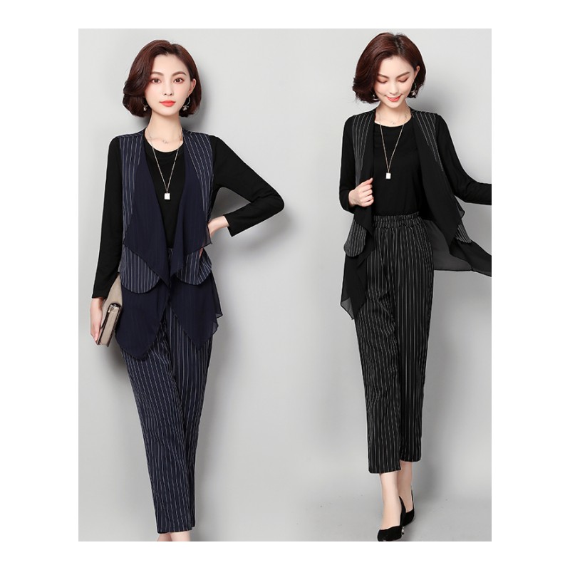胖码女装 2018秋季新款套装 胖mm时髦遮肚子条纹显瘦三件套女