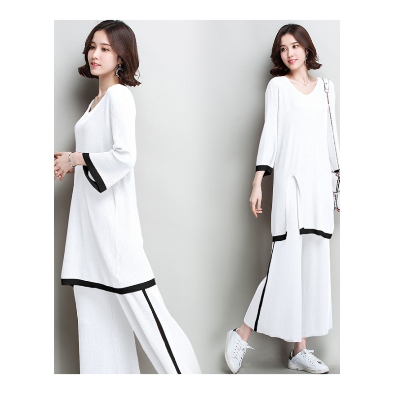 纯色长款女装V领9分袖上衣+宽松阔腿九分裤春夏新款2018针织套头