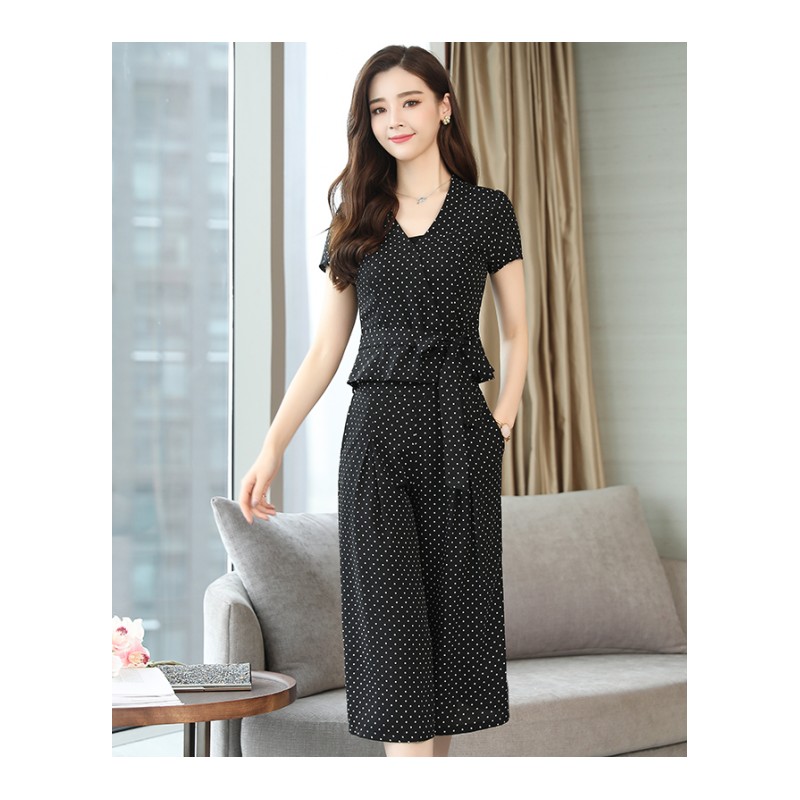时尚女神范套装女2018夏季新款波点短袖上衣高腰七分阔腿裤两件套