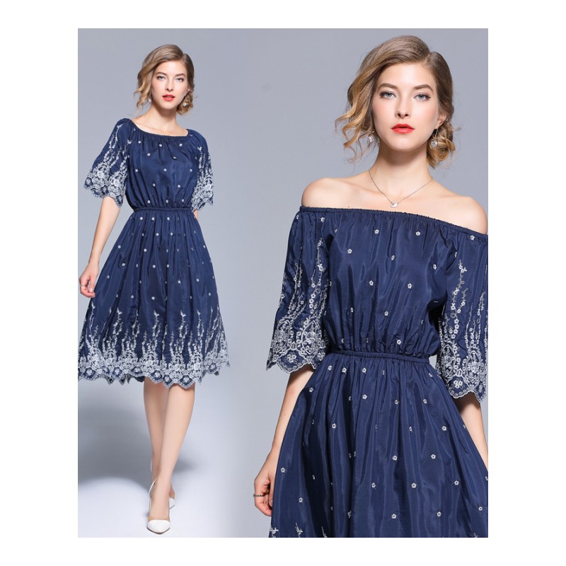 重工刺绣2018新款女装一字肩宽松A型大摆蓬蓬中长连衣裙