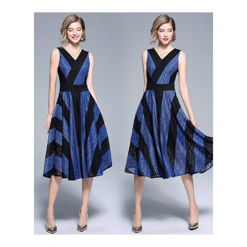 性感v领蕾丝拼接连衣裙女夏装2018新款气质无袖撞色条纹显瘦长裙