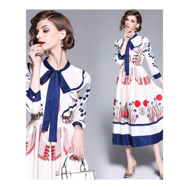 走秀款系带荷叶边撞色七分袖大摆中长款公主风连衣裙2018夏季新款