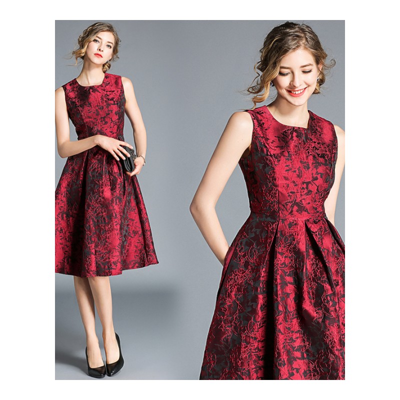 时尚欧洲站红色秋装新款刺绣提花礼服裙中长款修身显瘦无袖连衣裙