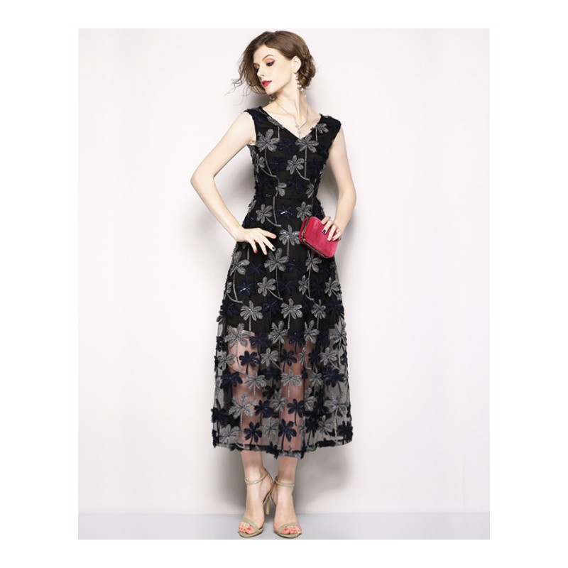 V领无袖连衣裙女2018夏装新款中长款冷淡风收腰显瘦网纱刺绣长裙
