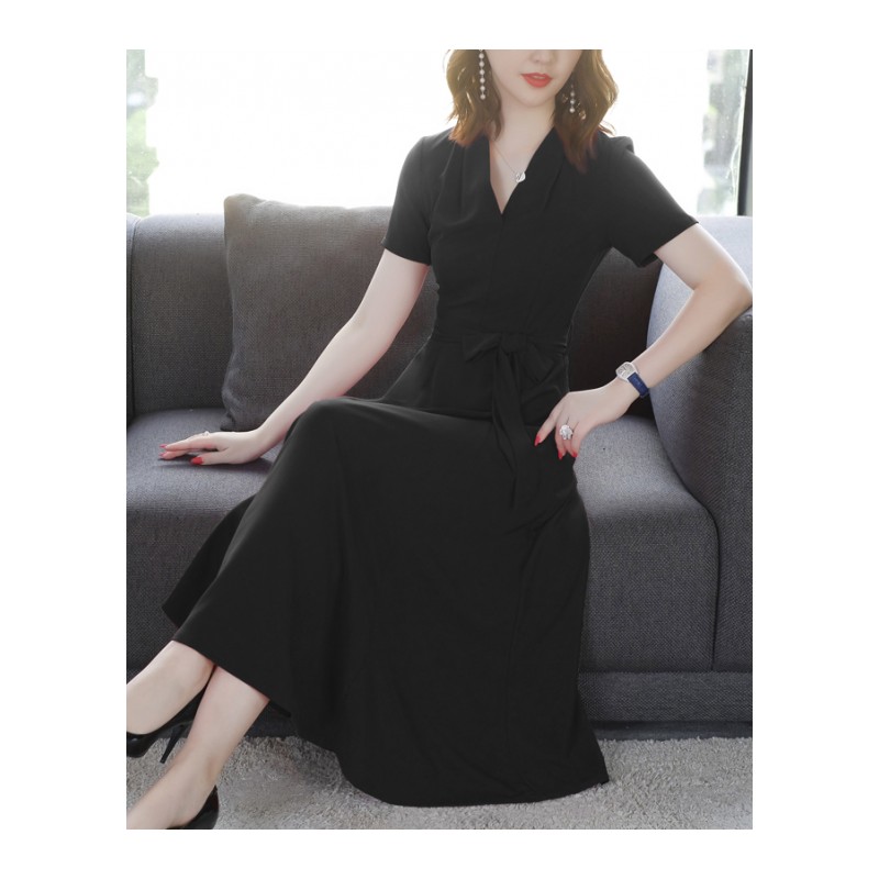 2018夏装新款短袖V领系带纯色连衣裙女修身显瘦大摆长裙名媛气质