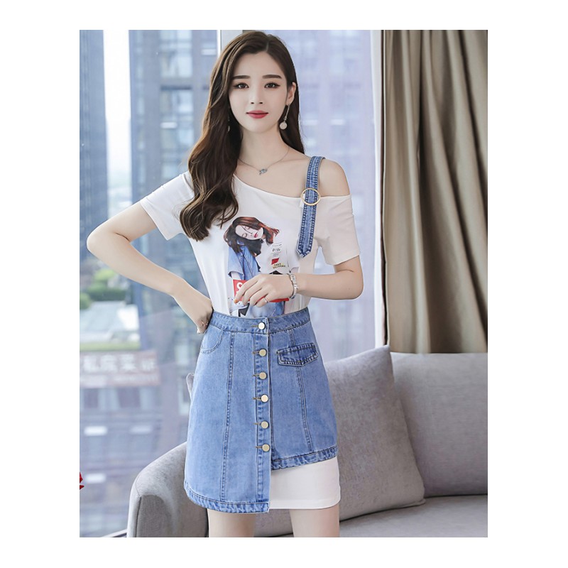 2018夏新款韩版时尚印花短袖T恤连衣裙+牛仔短裙两件套套裙