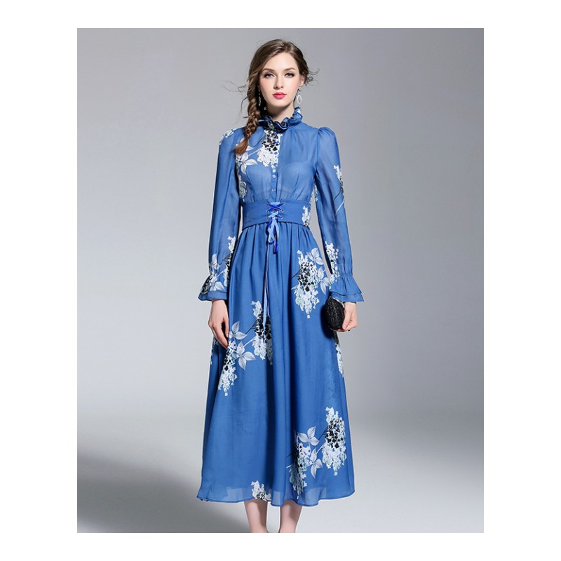 2018秋装新款女装气质名媛长袖显瘦印花收腰系带荷叶边立领连衣裙