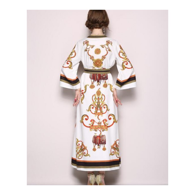 度假风宽松长裙子2018春季新款欧美女装圆领七分袖系带印花连衣裙