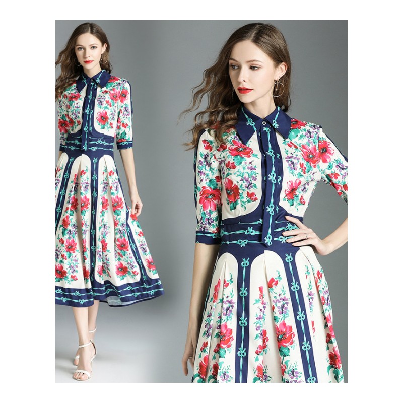 欧美2018夏季新款女装翻领中袖复古宫廷风印花优雅气质显瘦连衣裙