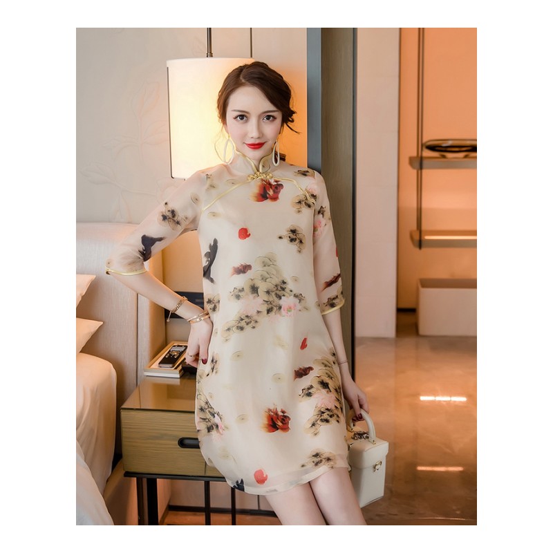 复古中国风短款改良旗袍春夏新款气质显瘦印花水墨宽松A字连衣裙
