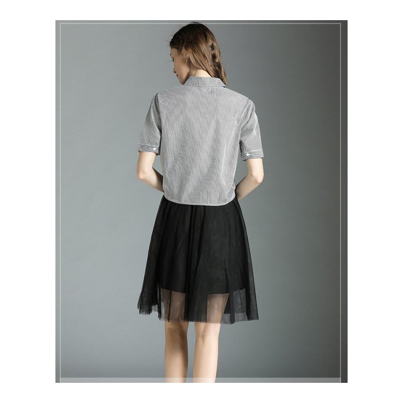 2018夏季新品立体刺绣花朵条纹五分袖衬衣+网纱带裙套装连衣裙