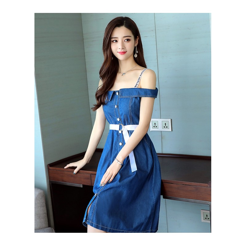 2018欧美夏季新款女装露肩带一字领a字裙时尚休闲牛仔连衣裙