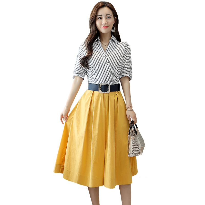 2018夏季新款韩版气质V领短袖条纹拼接中长款收腰清新甜美连衣裙