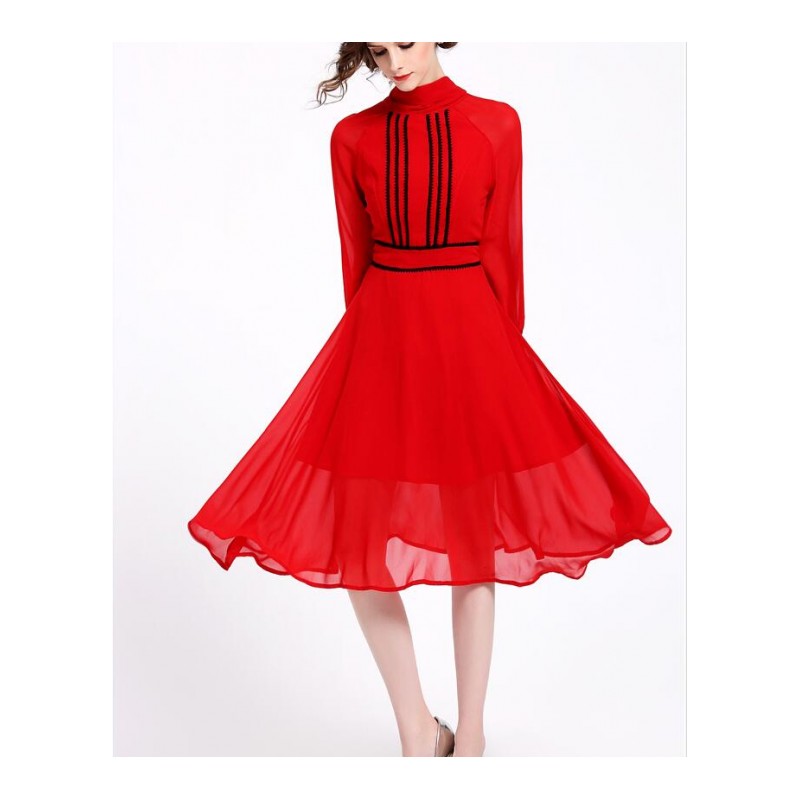 原创春装2018新款女装时尚雪纺连衣裙长袖修身红色打底裙女中长款