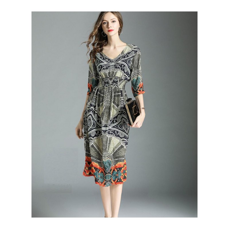 民族风连衣裙女夏季新款雪纺中长款五分袖大码a型海边度假沙滩裙