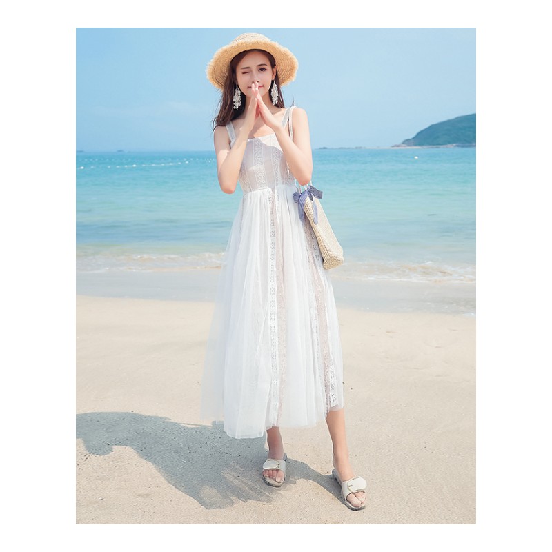 泰国潮牌沙滩裙夏季带收腰网纱蕾丝仙女气质露肩海边度假连衣裙