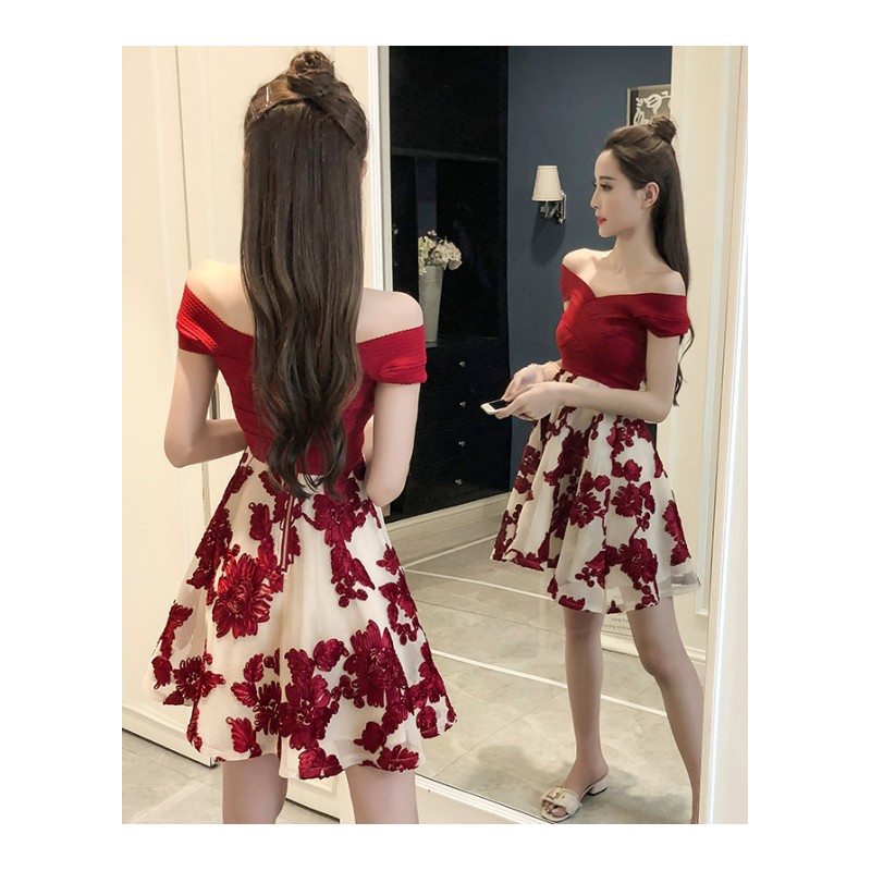 名媛甜美女装夏装2018新款一字肩高腰a字裙露肩裙子性感连衣裙潮