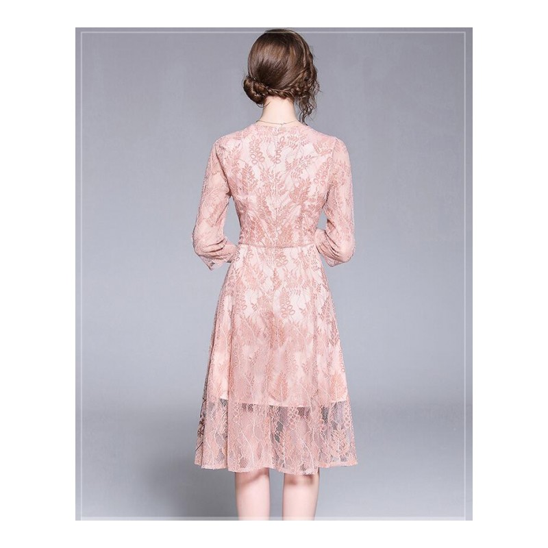 夏季粉色中长款欧货V领修身收腰显瘦重工绣花刺绣镂空蕾丝连衣裙