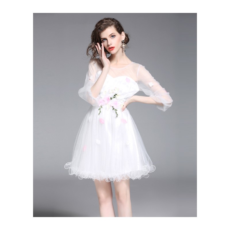 春夏新款中长款七分袖网纱带女内搭甜美少女心纱裙仙女连衣裙子