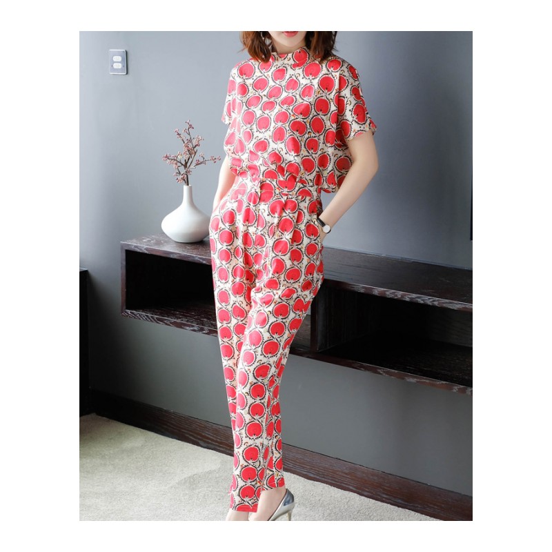 2018夏季新款欧美立领连袖雪纺衬衫印花两件套小脚裤套装女潮