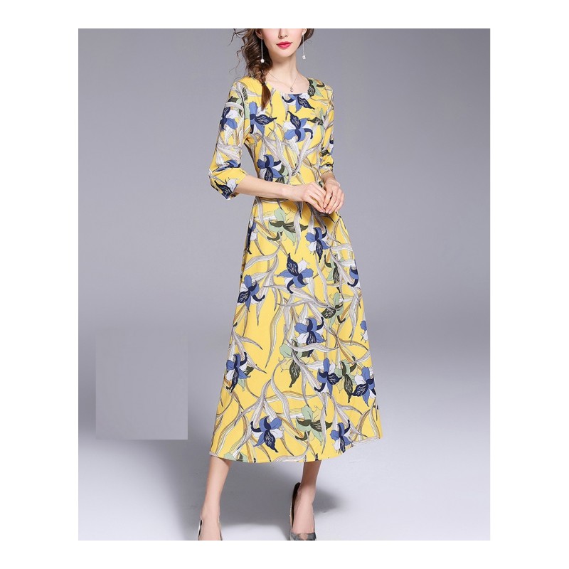 2018春夏女装新款热带印花雪纺连衣裙中长款七分袖收腰显瘦a字裙