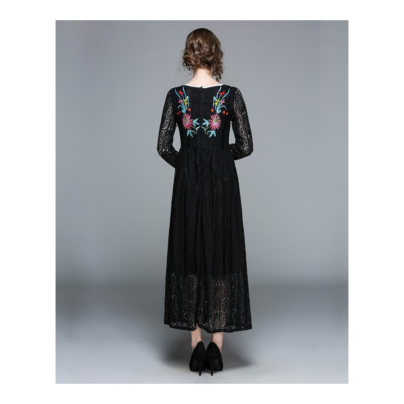 欧洲站春装新品重工刺绣长裙修身显瘦长款蕾丝连衣裙复古小黑裙女