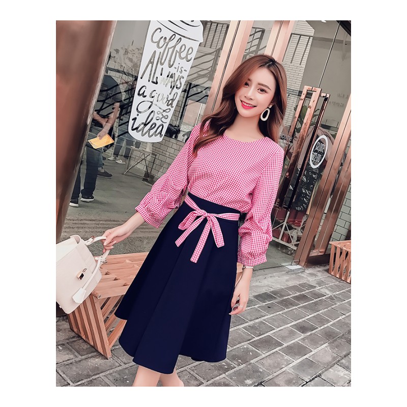 甜美套装裙女2018春装新款韩版长袖格子衬衫高腰A字半身裙两件套