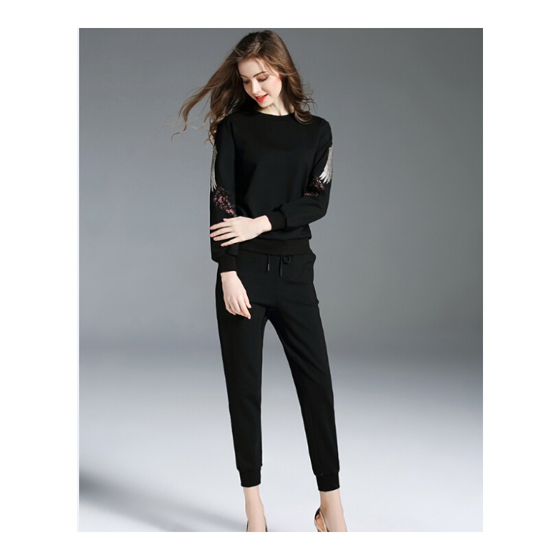 2018新款罗马布仙鹤刺绣圆领长袖卫衣抽绳九分裤休闲运动两件套装