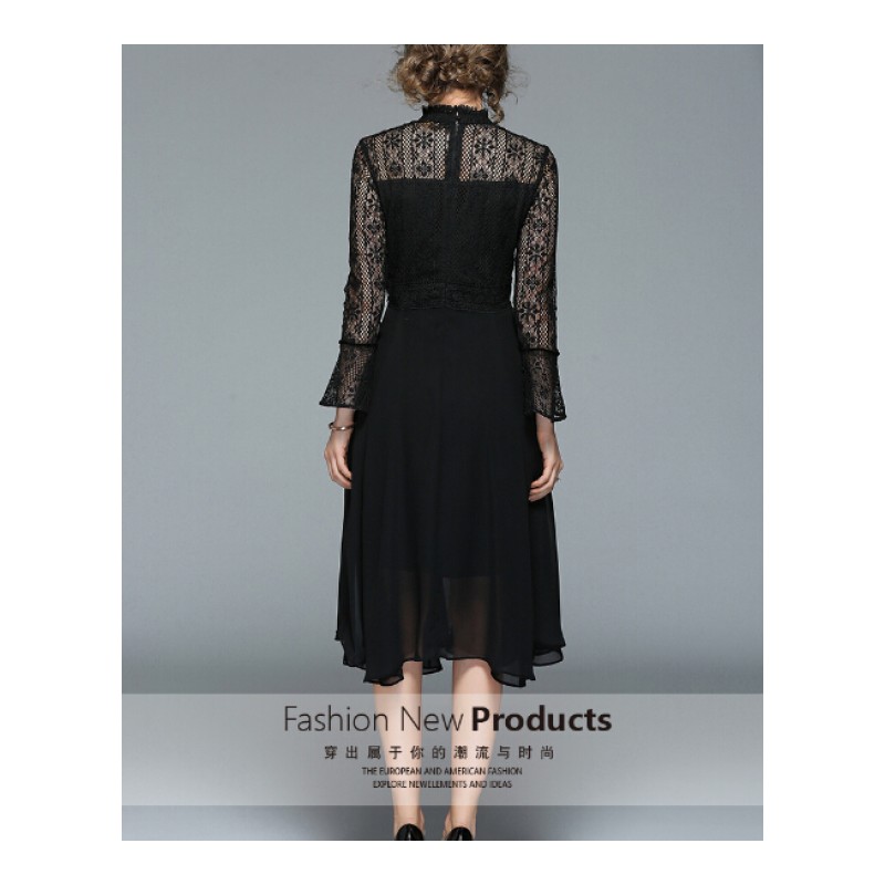 2018新款女春装蕾丝镂空连衣裙性感内搭原宿长裙喇叭袖黑色A字裙
