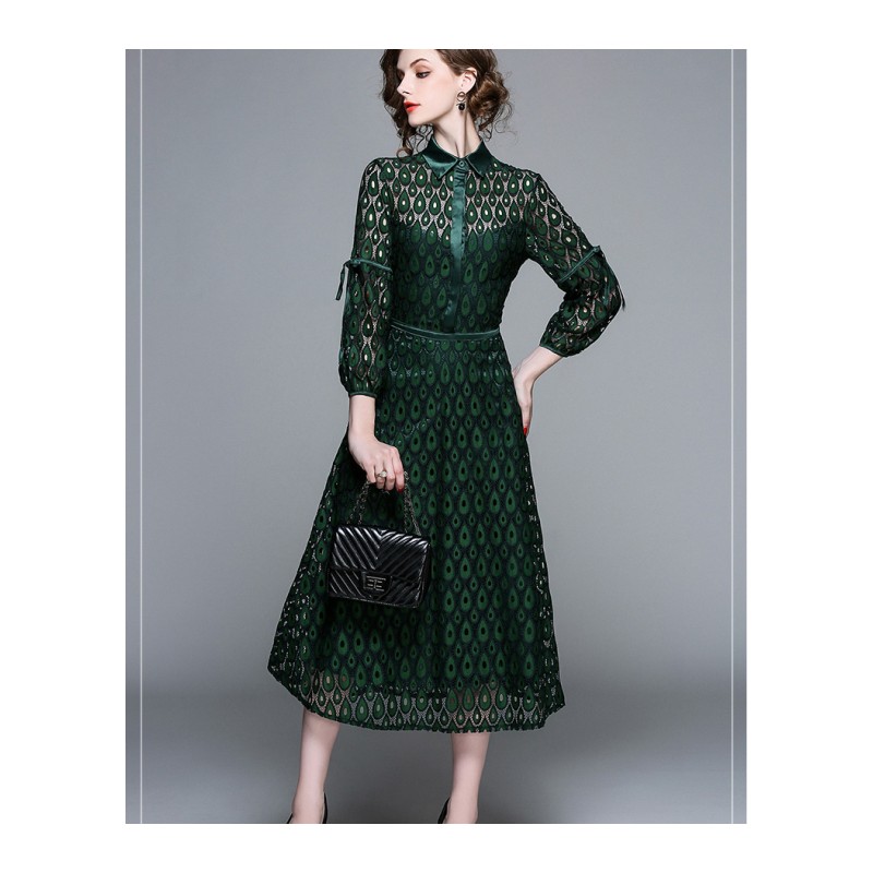 欧洲站2018春季装新款女时尚七分袖蕾丝显瘦名媛A字春秋连衣裙